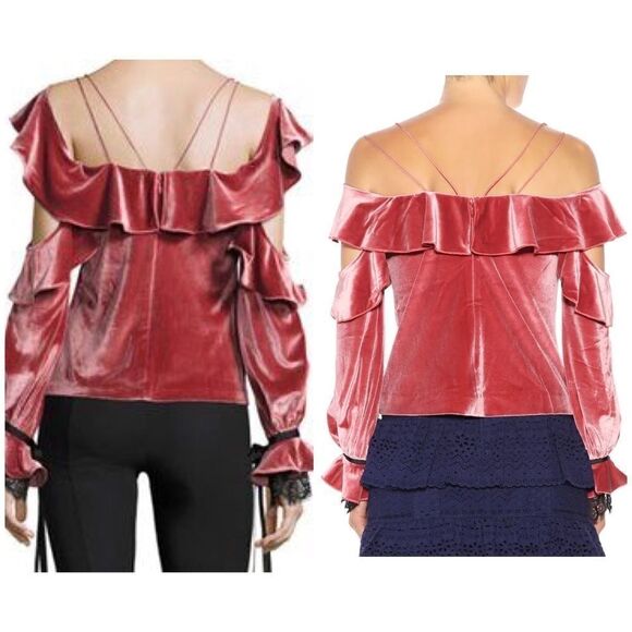 Self Portrait Pink Black Velvet Lace Frill Off Shoulder Top 6 - Picture 3 of 8